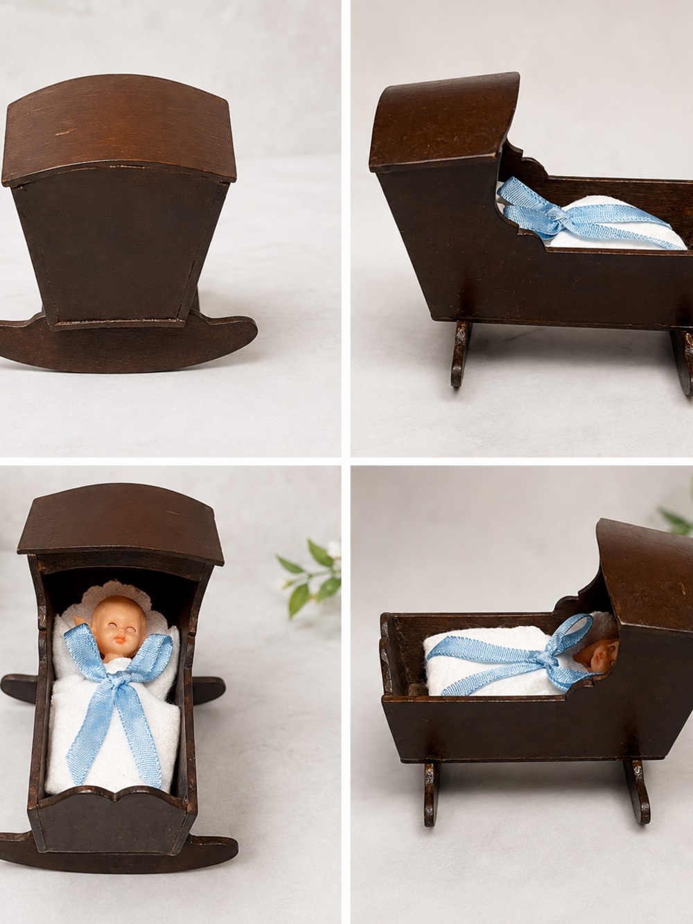 Vintage-Style Brown Wooden Rocking Cradle with Blue Ribbon Accent
